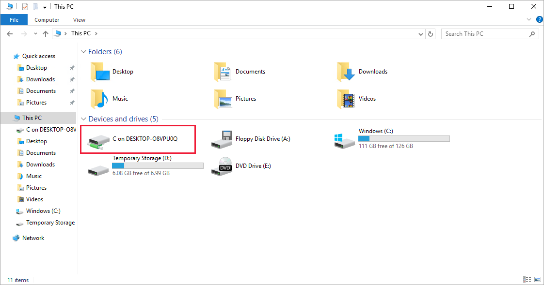 Captura de pantalla que muestra la unidad local que se comparte con la máquina virtual de Azure.