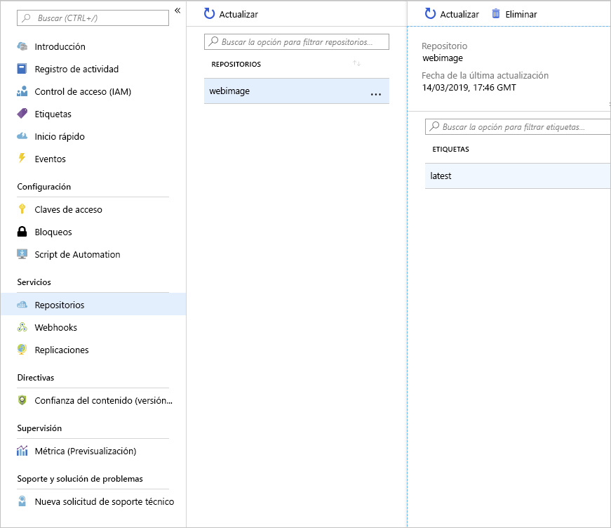 Captura de pantalla que muestra los repositorios e imágenes cargadas en Azure Container Registry.
