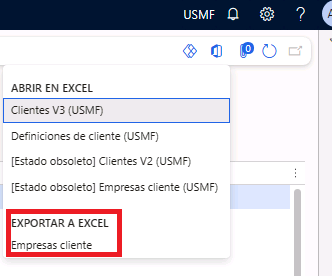 Captura de pantalla de la opción Clientes seleccionada en Exportar a Excel.