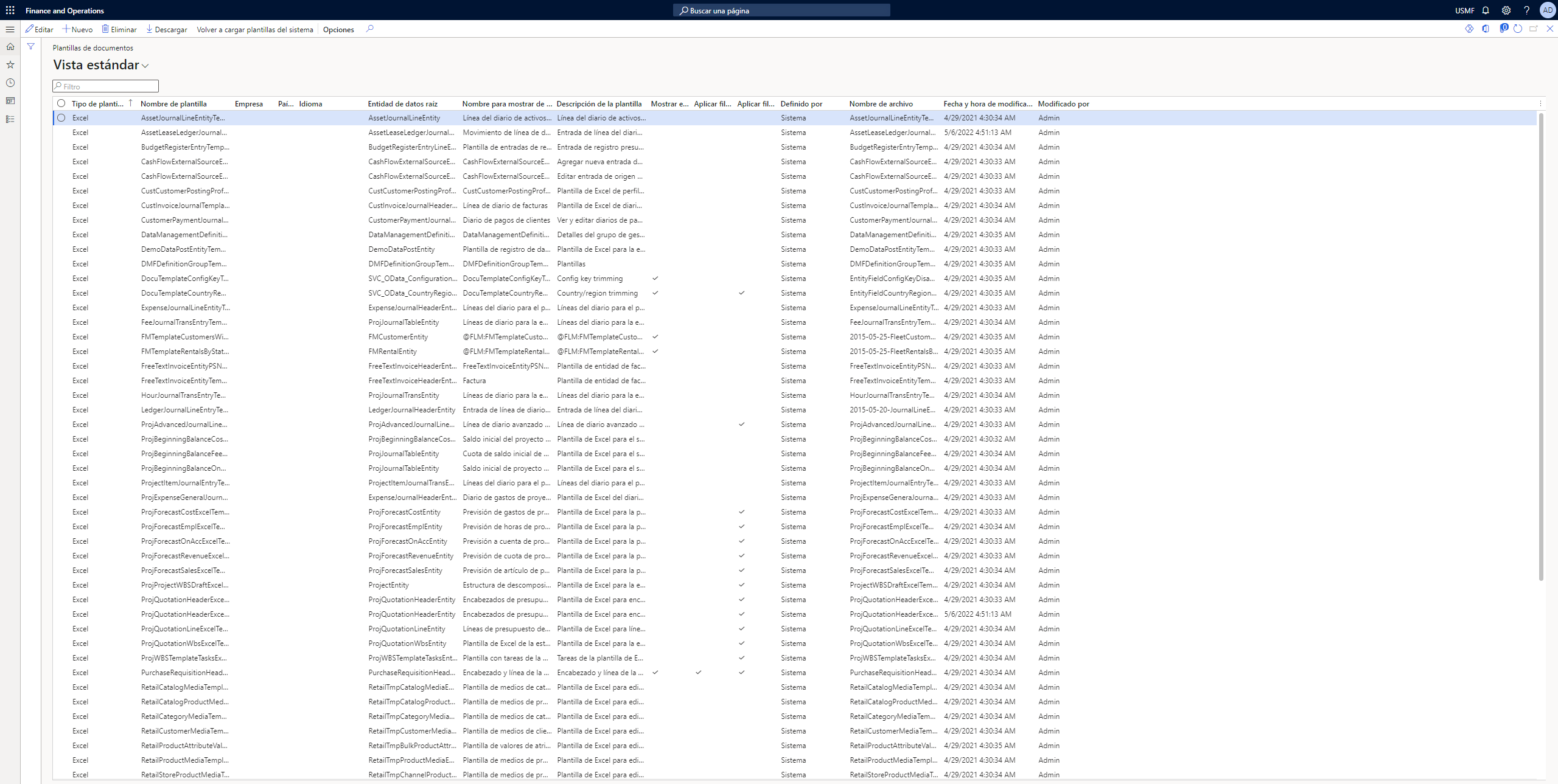 Captura de pantalla de las plantillas de documentos utilizadas para la funcionalidad de integración con Office.
