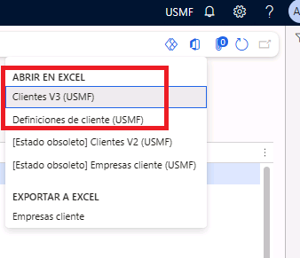 Captura de pantalla que resalta los vínculos de la opción Abrir en Excel.