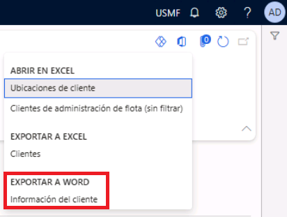 Captura de pantalla del menú Abrir en Microsoft Office con la opción Exportar a Word resaltada.