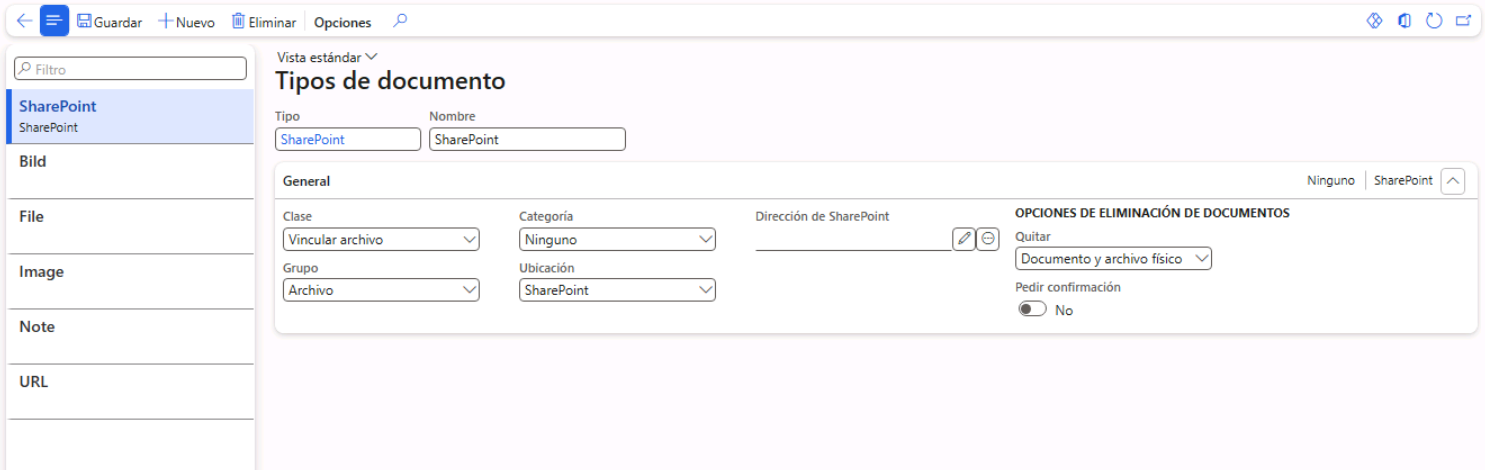 Captura de pantalla de la página Tipos de documento con la aplicación SharePoint habilitada