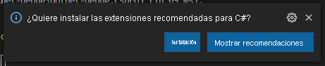 Captura de pantalla del mensaje de extensiones recomendadas de Visual&nbsp;Studio Code.