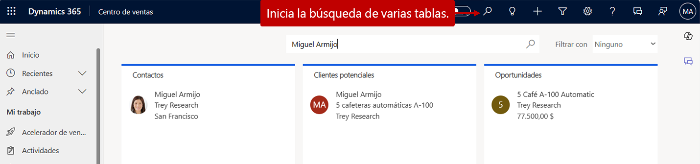 Captura de pantalla con el uso de la capacidad de búsqueda multitabla