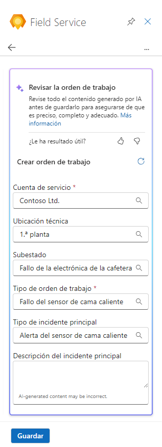 Captura de pantalla de la orden de trabajo creada por Copilot en Field Service para su revisión