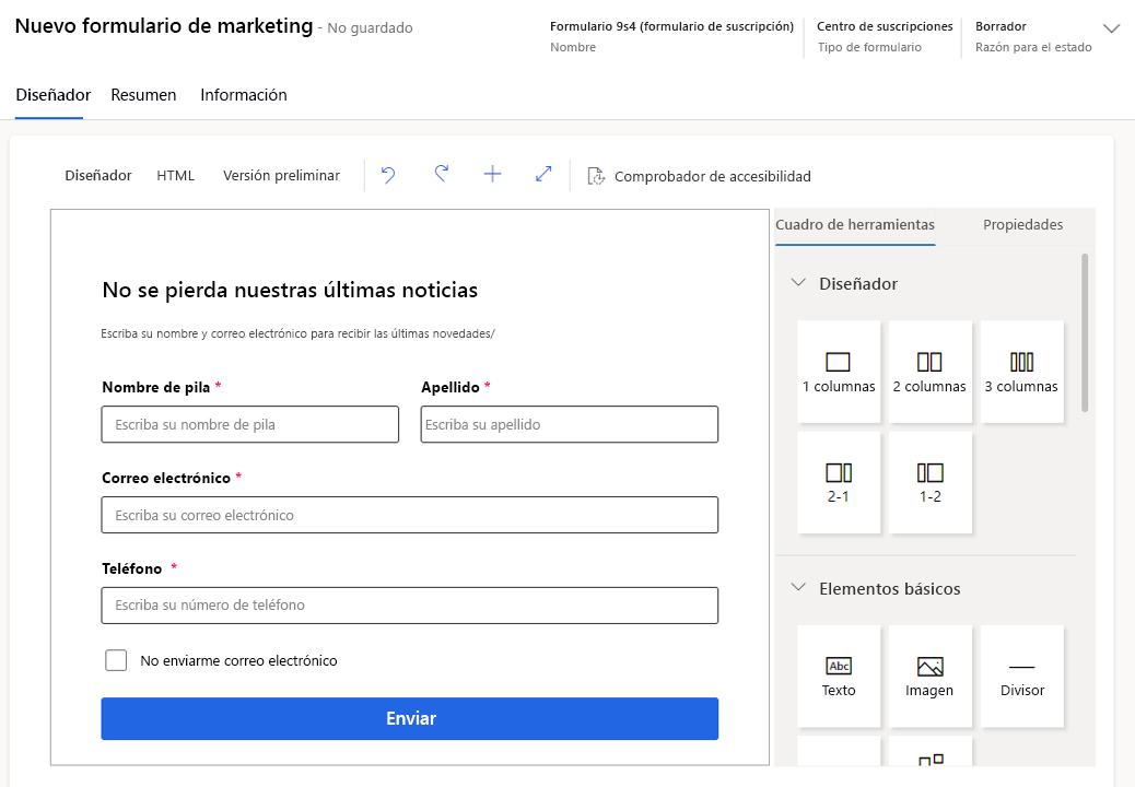 Captura de un formulario de marketing.