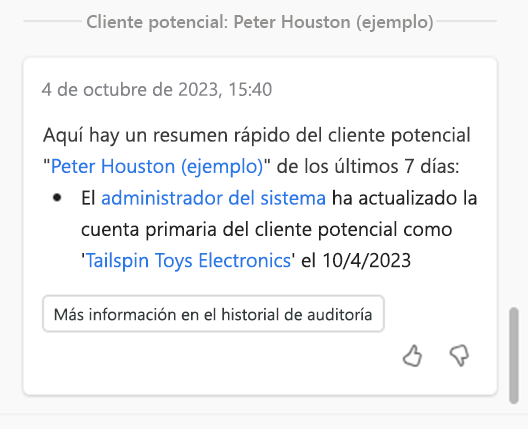 Captura de pantalla con el resumen del cliente potencial en Copilot