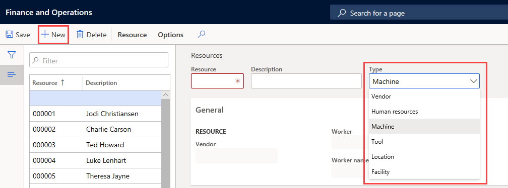 Captura de pantalla con los tipos de recursos en una lista desplegable: Máquina, Proveedor, Recursos humanos, Máquina, Herramienta, Ubicación, Instalación. Los tipos de recursos se resaltan junto con la opción para crear un nuevo recurso