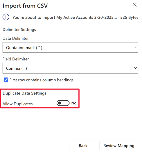 Captura de pantalla del formulario Importar desde Excel; se ha resaltado Configuración de datos duplicados