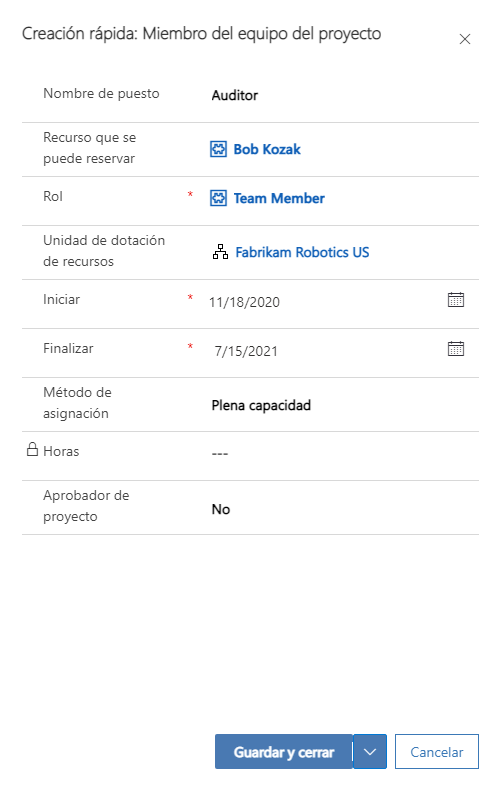  Captura de pantalla del cuadro de diálogo de Creación rápida: miembro del equipo del proyecto.