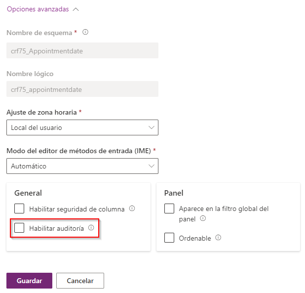 Captura de pantalla del panel de opciones avanzadas de Editar columna, con Habilitar auditoría resaltado