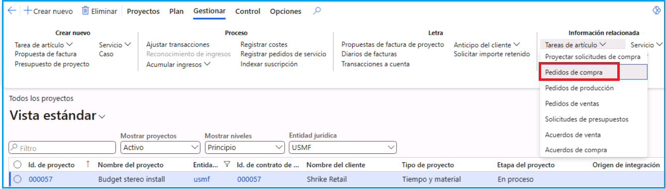 Captura de pantalla del proceso de creación de un pedido de compra desde un proyecto. La opción de pedidos de compra está resaltada.