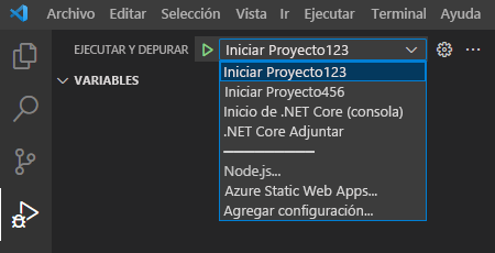 Captura de pantalla que muestra las opciones de configuración de inicio en la vista Ejecutar y depurar.