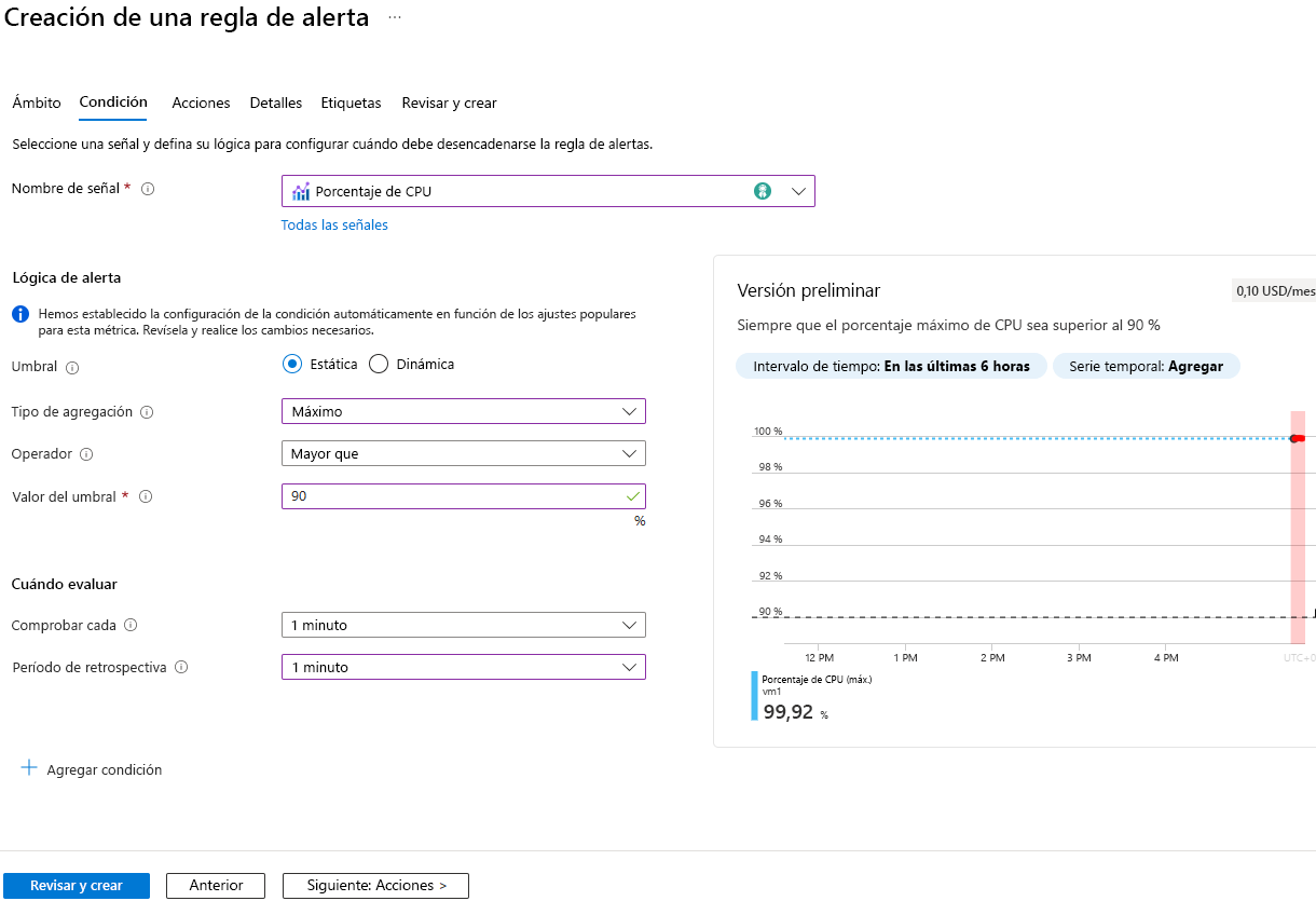 Captura de pantalla en la que se muestra la configuración para la lógica de la condición de la métrica.