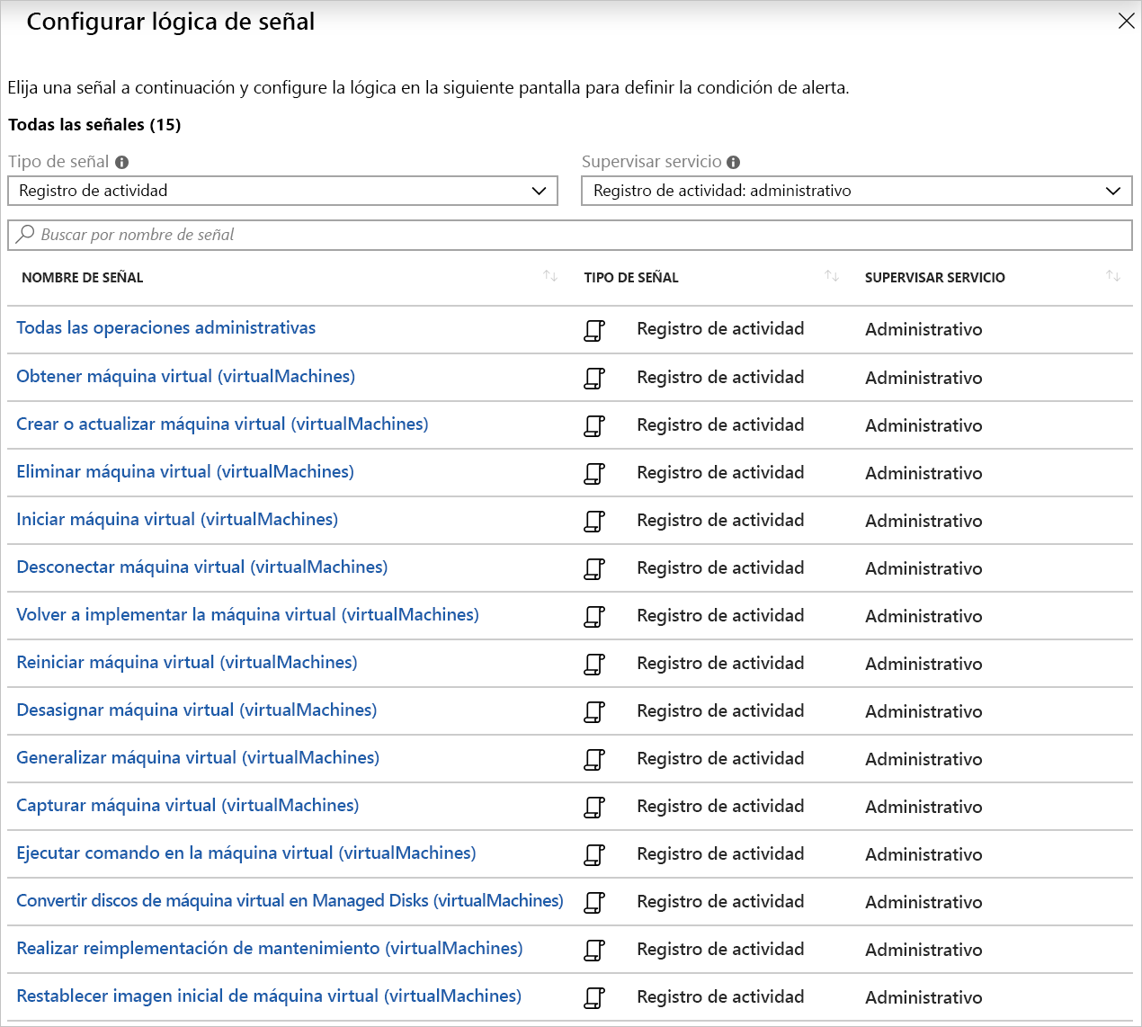 Screenshot of the signal logic for activity log alerts related to VMs.