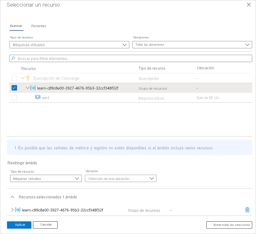 Screenshot that shows the Select a scope pane with the sandbox resource group selected.