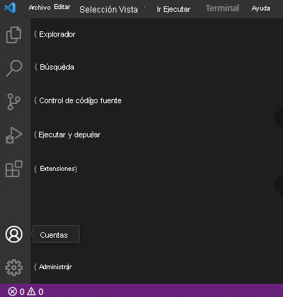 Captura de pantalla que muestra la barra de actividad de Visual Studio Code con iconos etiquetados.