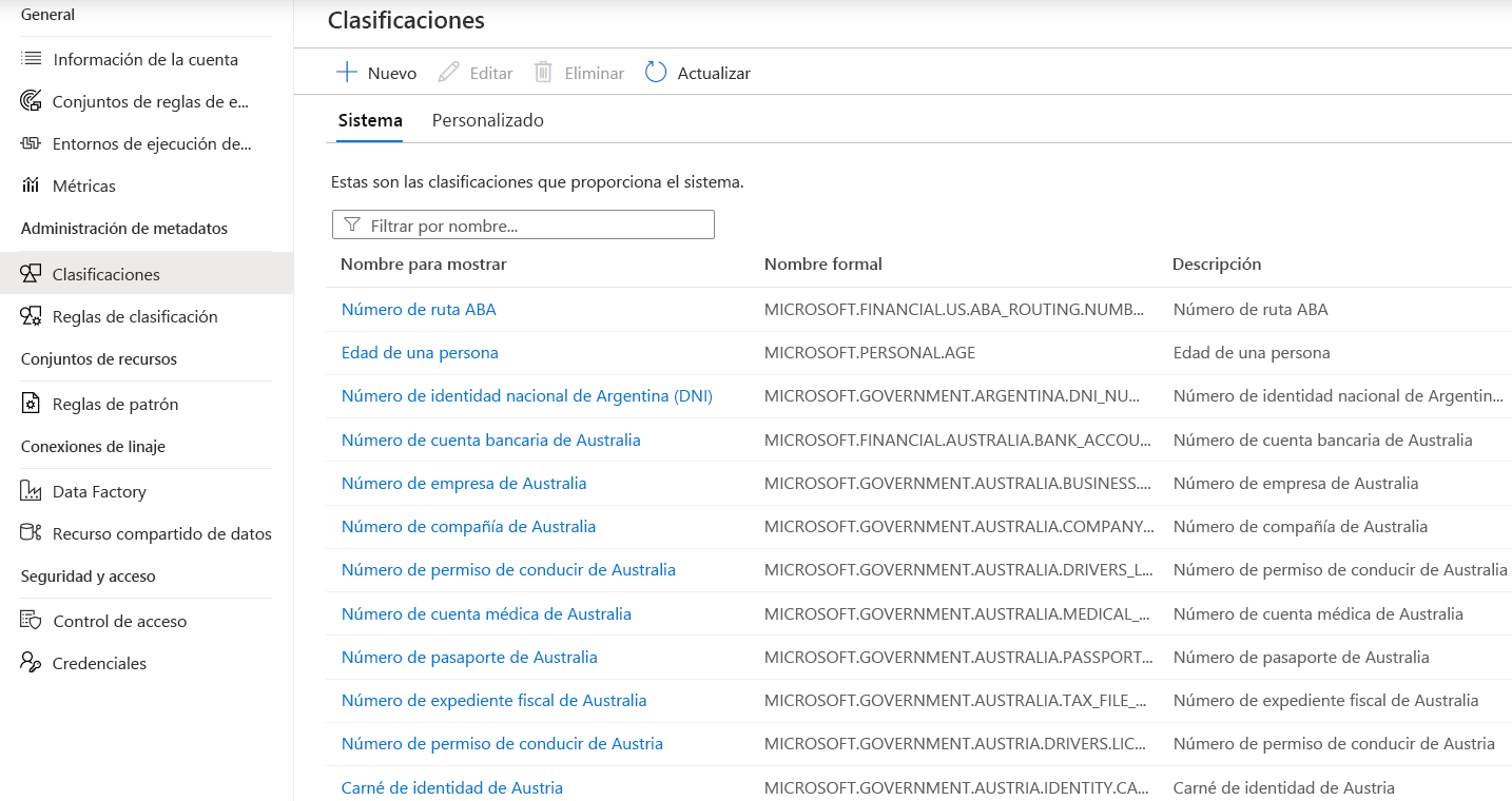 Screenshot that shows a small snippet of the system-provided classifications for metadata. You can find this list in the Management pane of the Microsoft Purview governance portal. Some items displayed are the ABA Routing Number, Age of individual, and Argentina National Identity (DNI) Number.