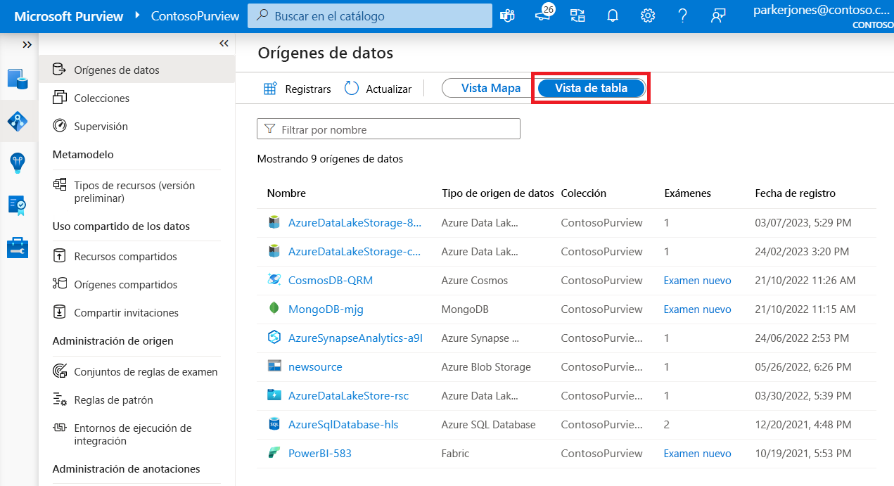 Screenshot that shows the Sources window in the Microsoft Purview governance portal. It depicts the List view option for an Azure Blob Storage data source. This view shows columns for source name, source type, associated collection, source ID, any scans that are associated, and the date the source was registered.