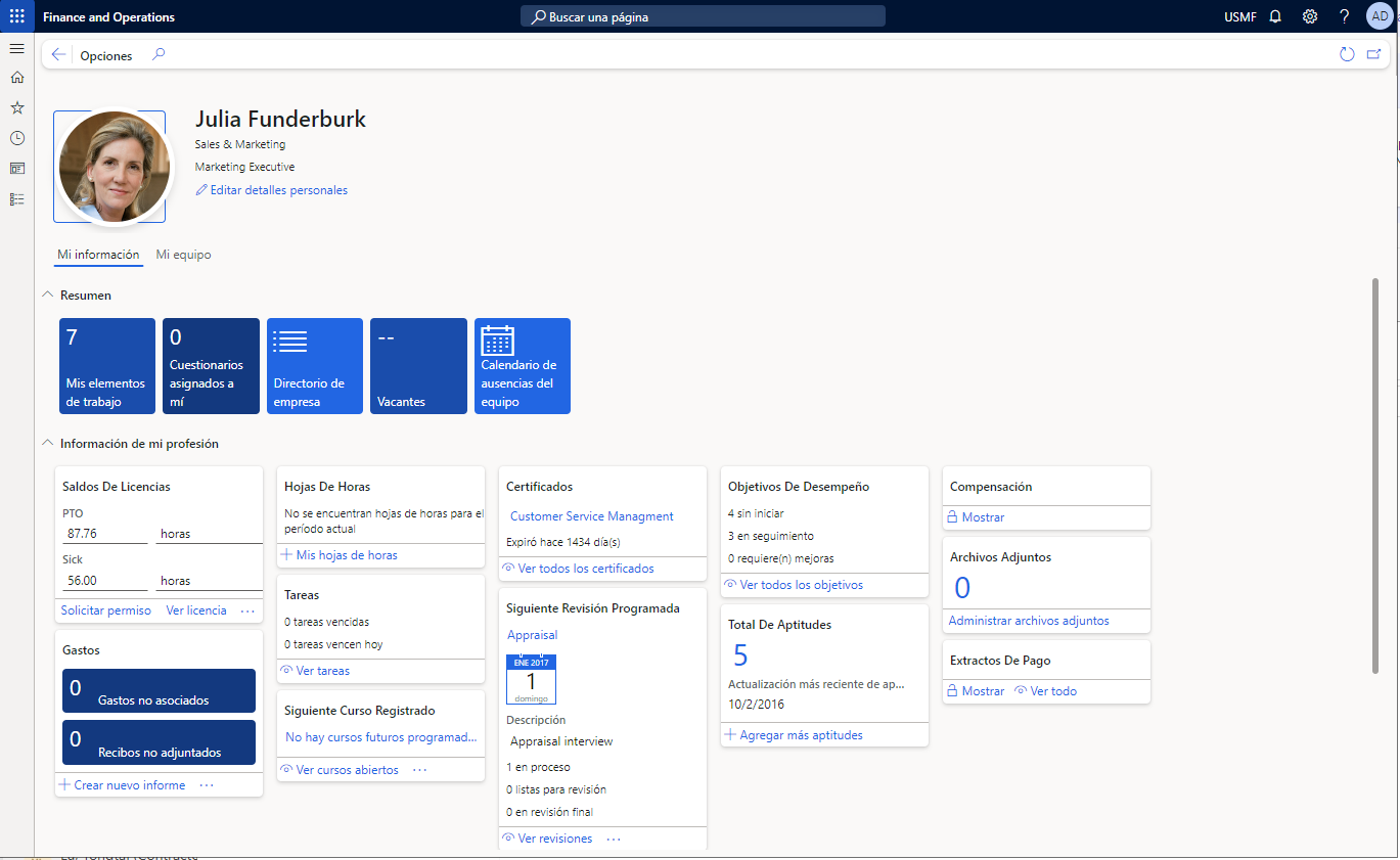 Captura de pantalla que muestra la página de autoservicio para empleados