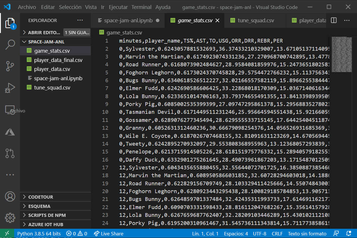Screenshot that shows the game stats C S V file in Visual Studio Code Explorer.