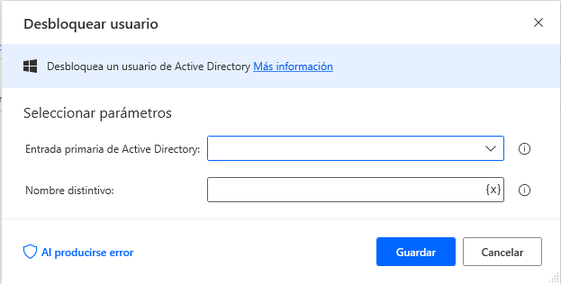 Captura de pantalla de las propiedades de la acción Desbloquear usuario.