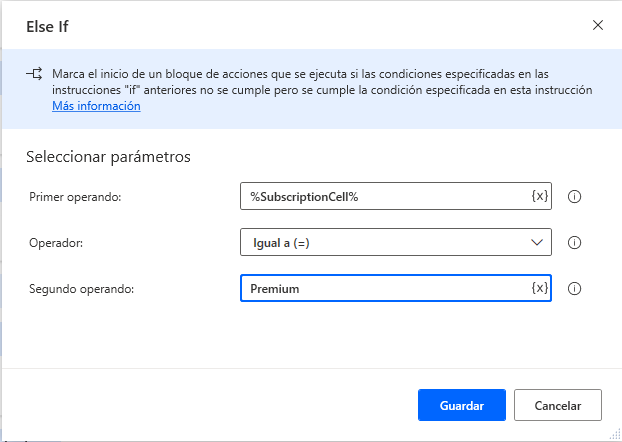 Captura de pantalla del cuadro de diálogo Else if celda contiene premium.
