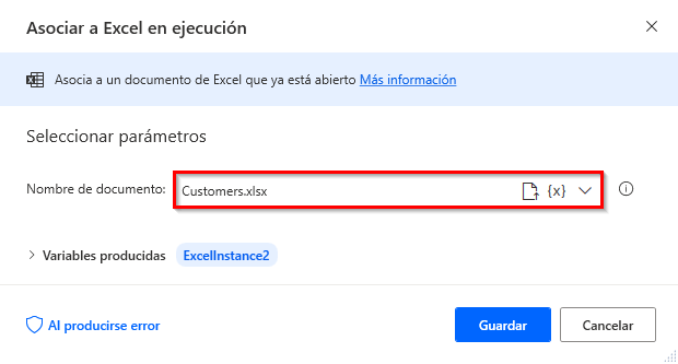 Captura de pantalla del cuadro de diálogo de propiedades de Asociar a Excel en ejecución.
