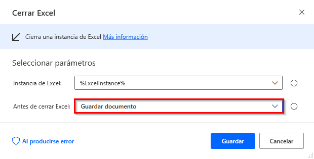 Captura de pantalla del cuadro de diálogo de propiedades de Cerrar Excel.