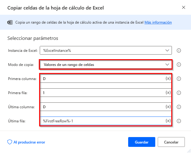 Captura de pantalla del cuadro de diálogo de propiedades Copiar celdas de la hoja de cálculo de Excel, en la que se resalta el botón de variable y la variable correcta elegida