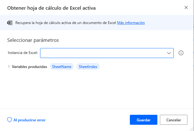 Captura de pantalla del cuadro de diálogo de propiedades de la acción Obtener la hoja de cálculo de Excel activa.