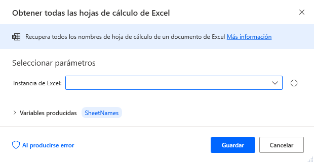 Captura de pantalla del cuadro de diálogo de propiedades de la acción Obtener todas las hojas de cálculo de Excel.