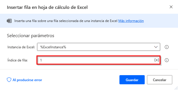 Captura de pantalla del cuadro de diálogo Insertar fila en hojas de cálculo de Excel.