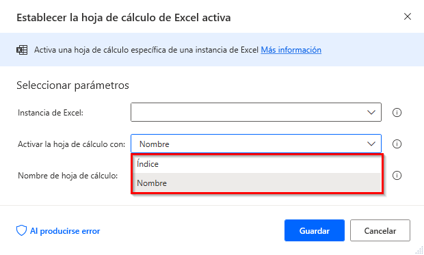 Captura de pantalla del cuadro de diálogo de propiedades de la acción Establecer la hoja de cálculo de Excel activa.