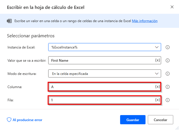 Captura de pantalla del cuadro de diálogo de propiedades Escribir en la hoja de cálculo de Excel.