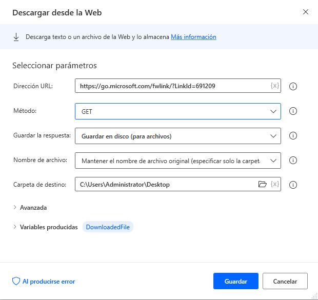 Captura de pantalla de la acción Descargar desde la Web.