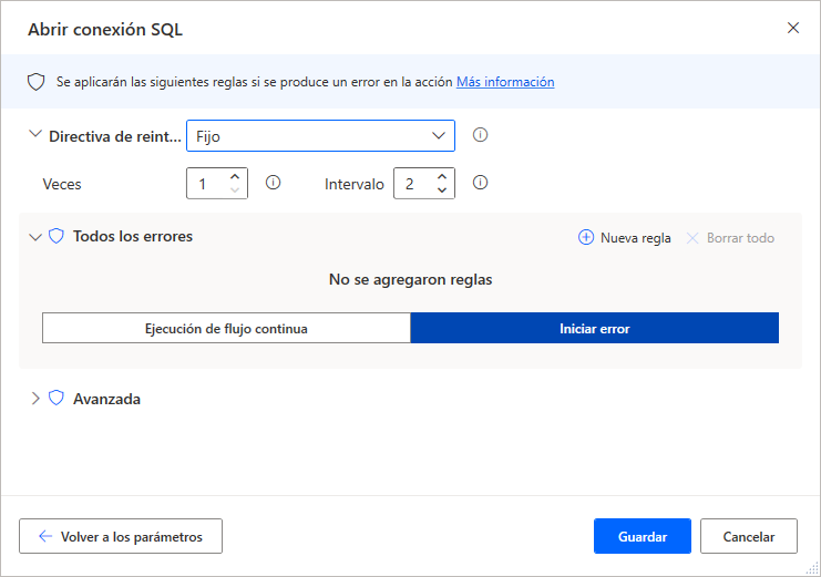 Control de excepciones en las propiedades de la acción Abrir conexión SQL.