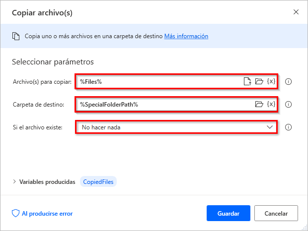 Captura de pantalla del cuadro de diálogo de propiedades de la acción Copiar archivos.