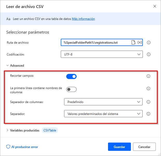 Captura de pantalla del cuadro de diálogo de propiedades de la acción Leer de archivo CSV.