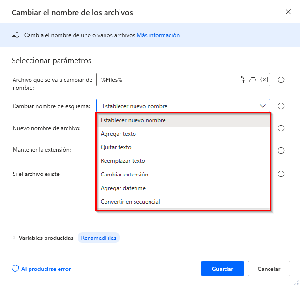 Captura de pantalla del cuadro de diálogo de propiedades de la acción Cambiar el nombre de los archivos.