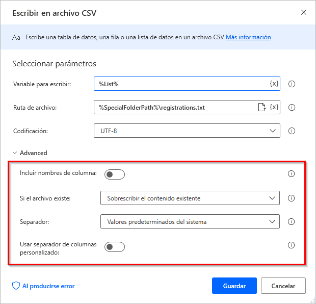 Captura de pantalla del cuadro de diálogo de propiedades de la acción Escribir en archivo CSV.