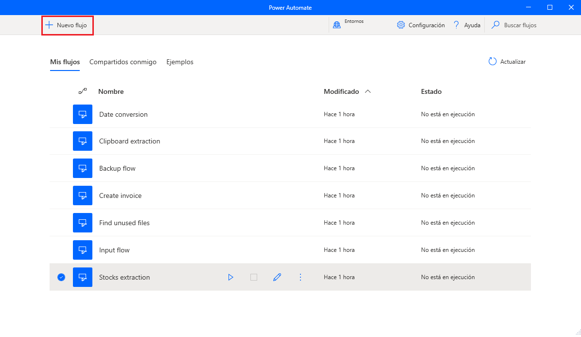 Captura de pantalla del botón Nuevo flujo en la consola.