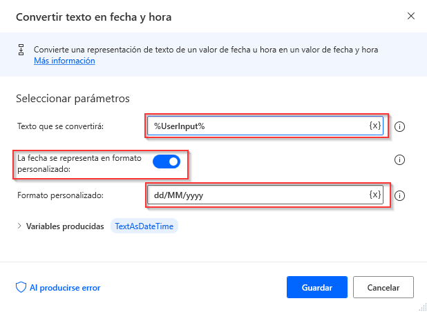 Captura de pantalla de la acción Convertir texto en datetime.