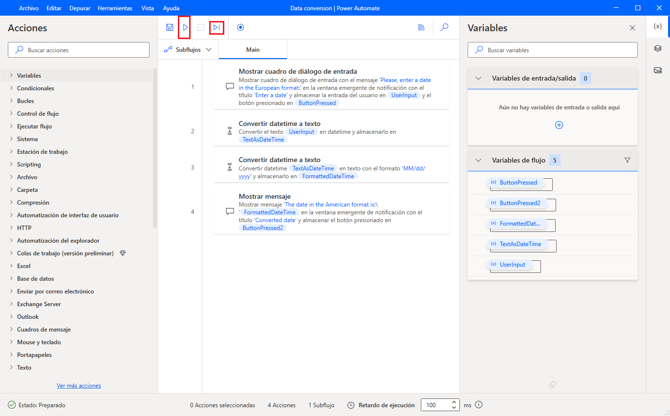 Captura de pantalla de los botones Ejecutar y Ejecutar acción siguiente en el diseñador de flujos.
