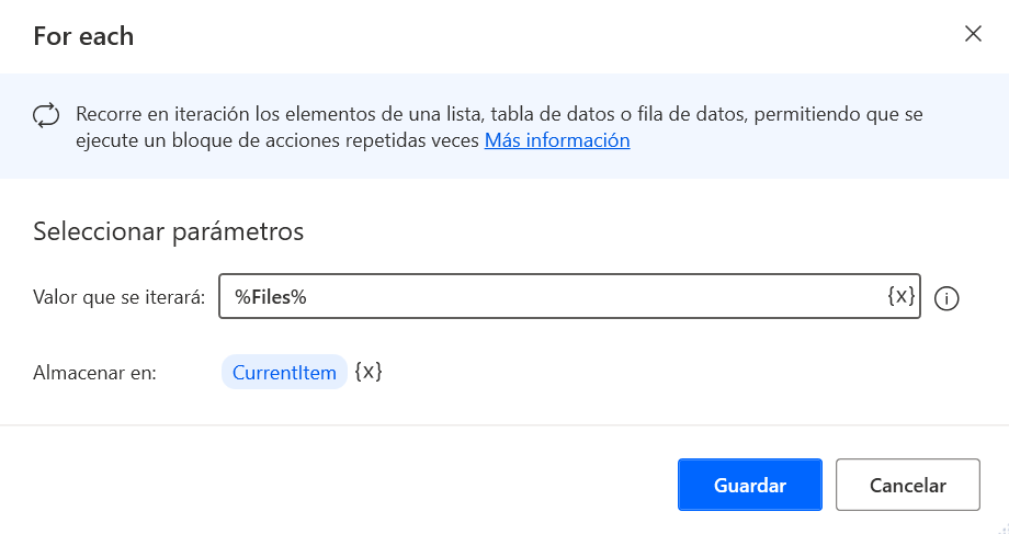 Captura de pantalla del cuadro de diálogo Propiedades de la acción For Each.