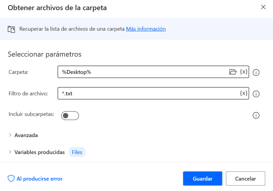 Captura de pantalla del cuadro de diálogo de propiedades de la acción Obtener archivos en carpeta