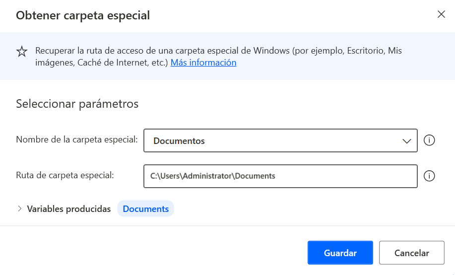 Captura de pantalla del cuadro de diálogo de propiedades de la acción Obtener carpeta especial para los documentos