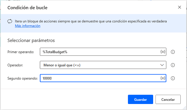 Captura de pantalla del cuadro de diálogo de propiedades de la acción Condición de bucle