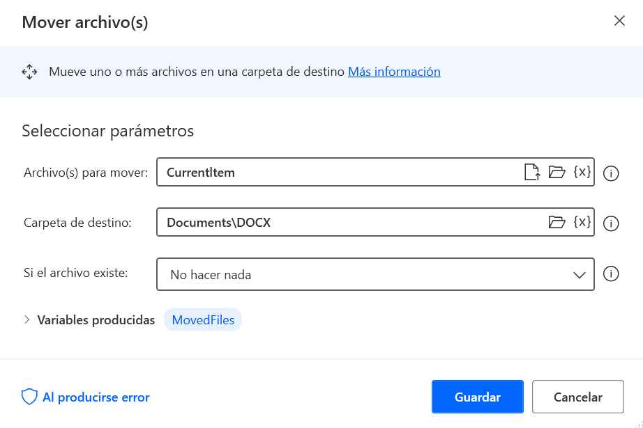Captura de pantalla de la acción de Mover archivo(s) que traslada los archivos docx.